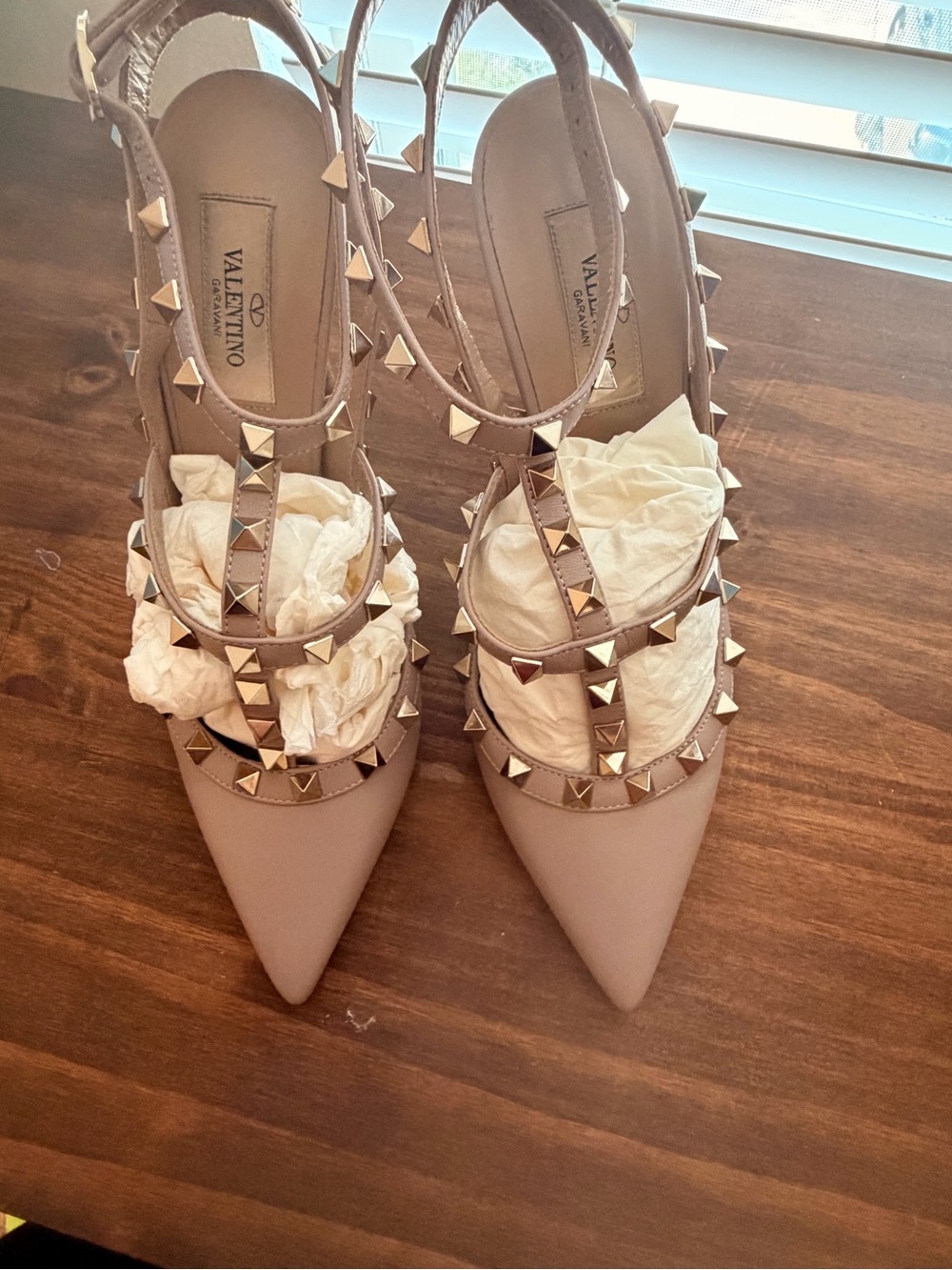 Valentino Nude/Taupe Rockstud Pointed T-Strap Slingback Pumps
